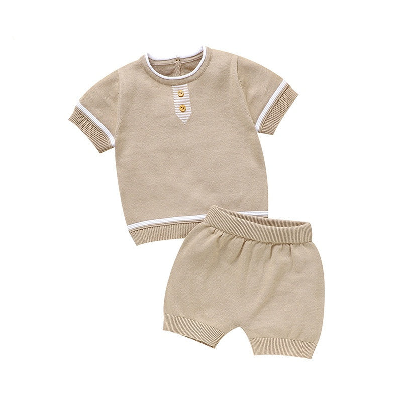 Baby Solid Color Knit Short Sleeve Shirt & Shorts Set