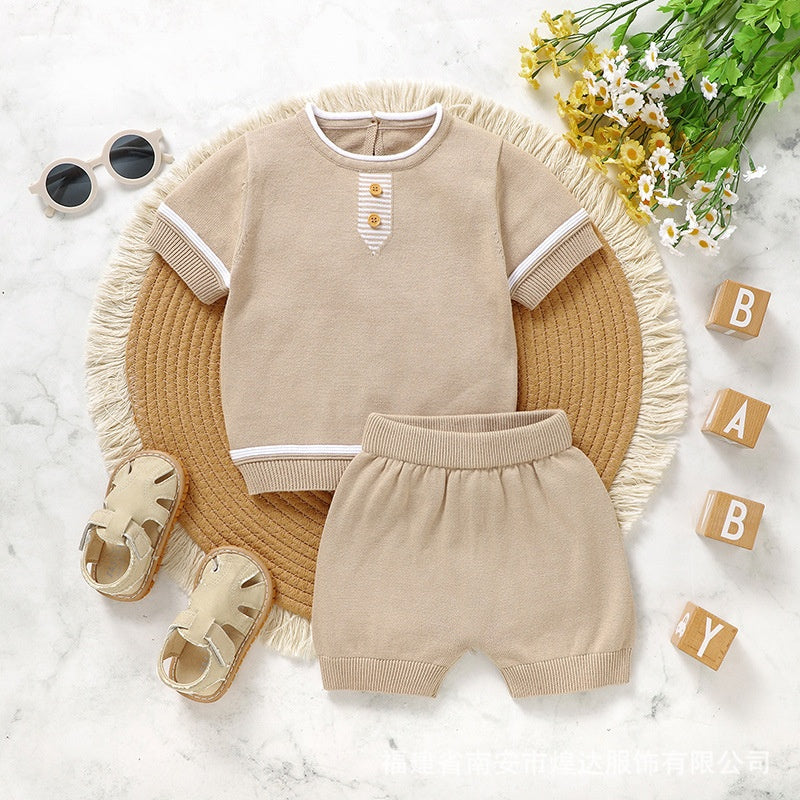 Baby Solid Color Knit Short Sleeve Shirt & Shorts Set