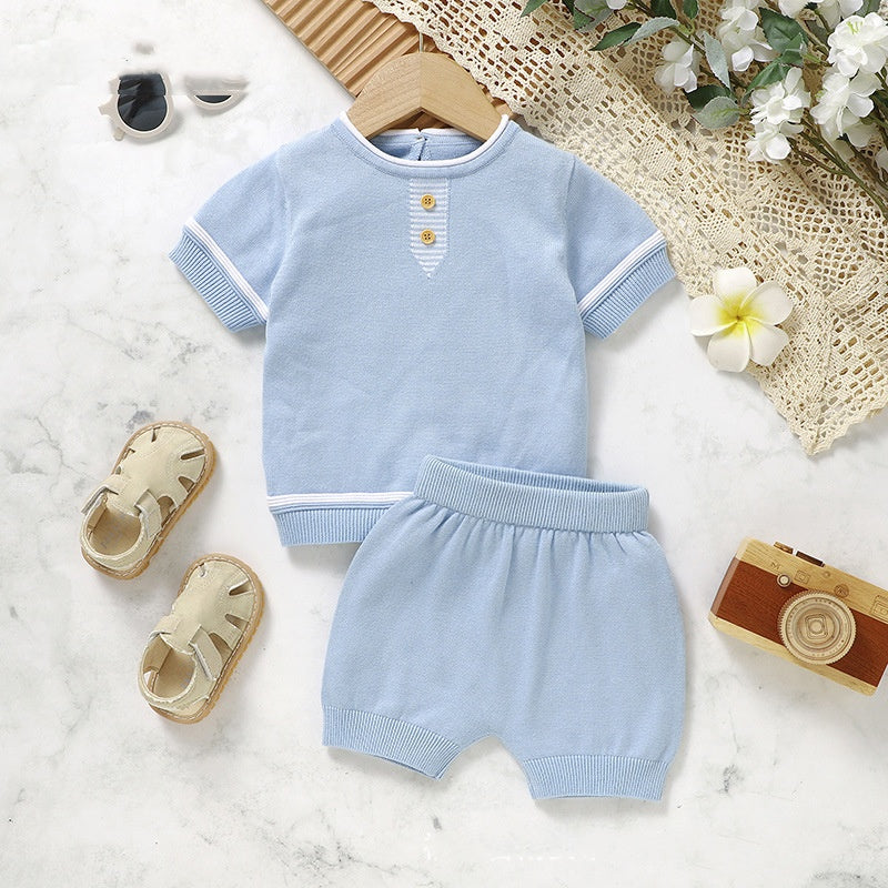 Baby Solid Color Knit Short Sleeve Shirt & Shorts Set