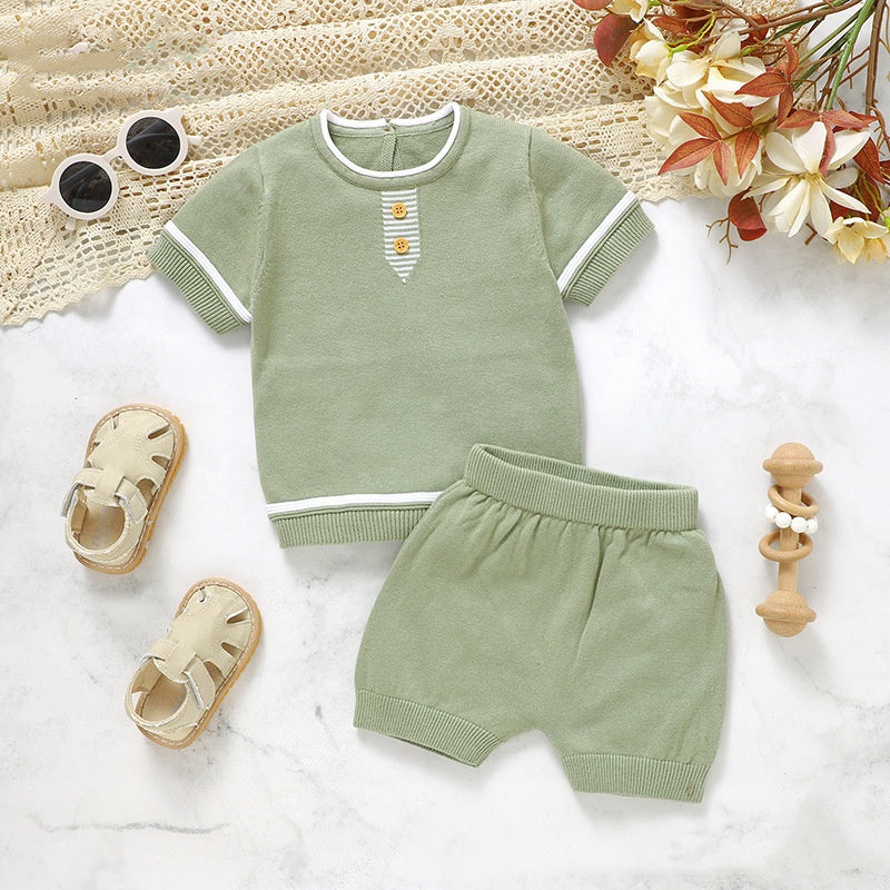 Baby Solid Color Knit Short Sleeve Shirt & Shorts Set