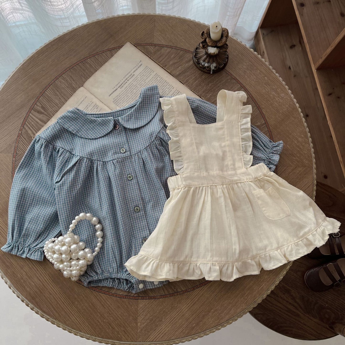 Infant Plaid Long Sleeve Romper & Sling Skirt Set