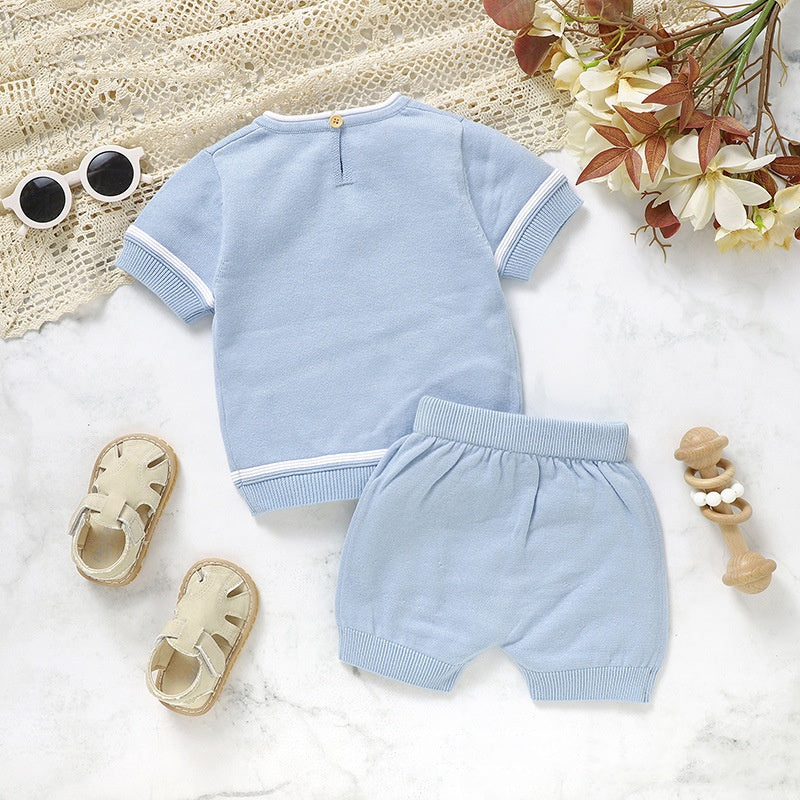 Baby Solid Color Knit Short Sleeve Shirt & Shorts Set