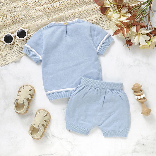 Baby Solid Color Knit Short Sleeve Shirt & Shorts Set